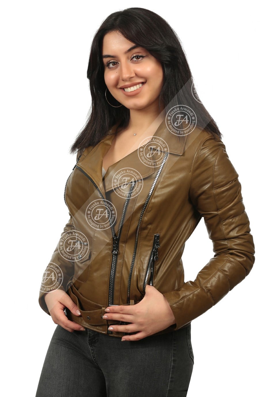Bayan Gerçek Deri Spor Biker Mont Haki bk-1286-19290 FA2
