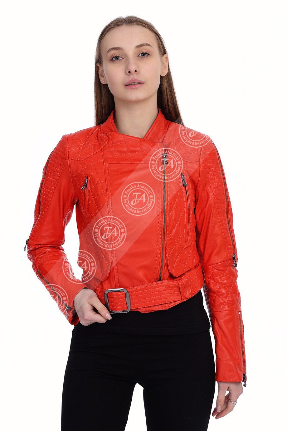 Bayan Gerçek Deri Spor Biker mont Kırmızı BK-1488-19769 FA2
