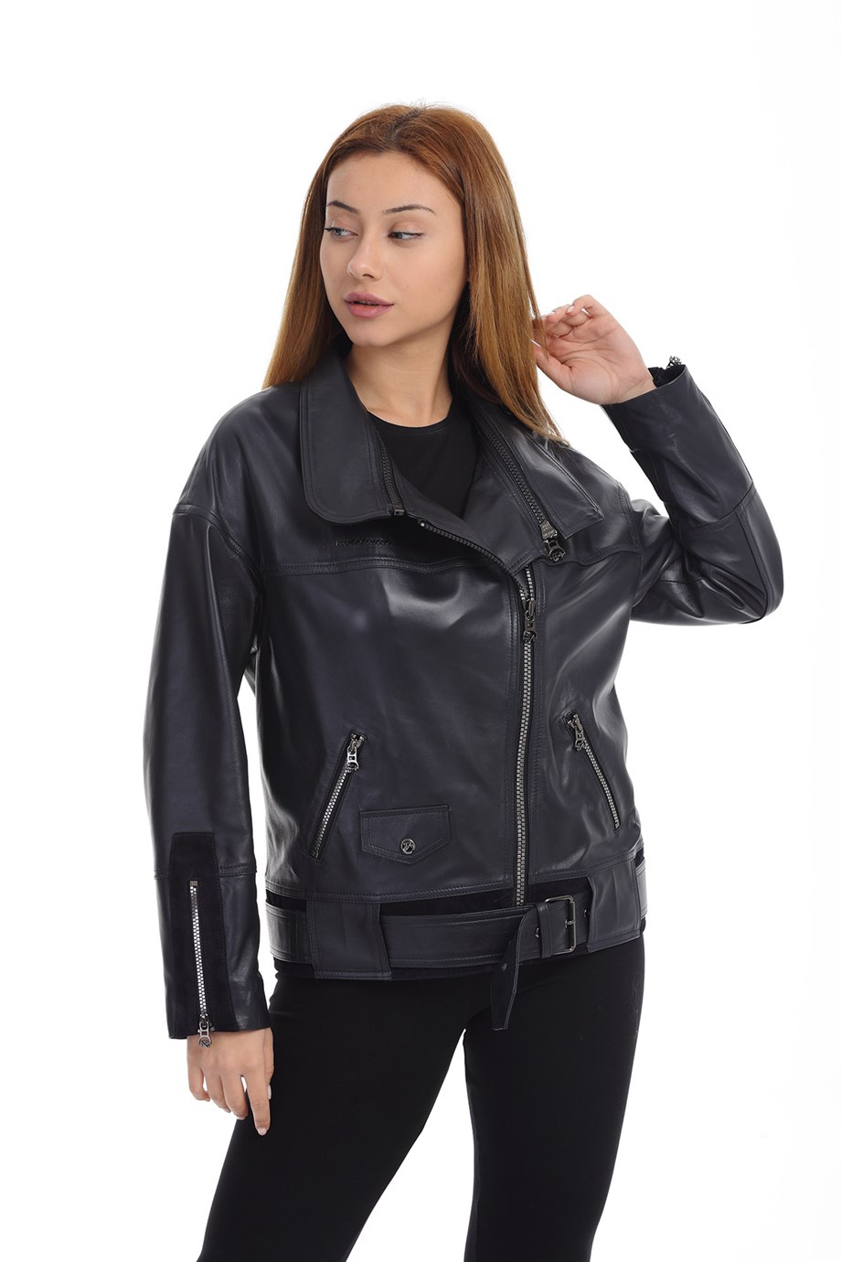 Bayan Gerçek Deri Spor Biker Mont Oversize Süet Lacivert bk-1440-19696 FA2