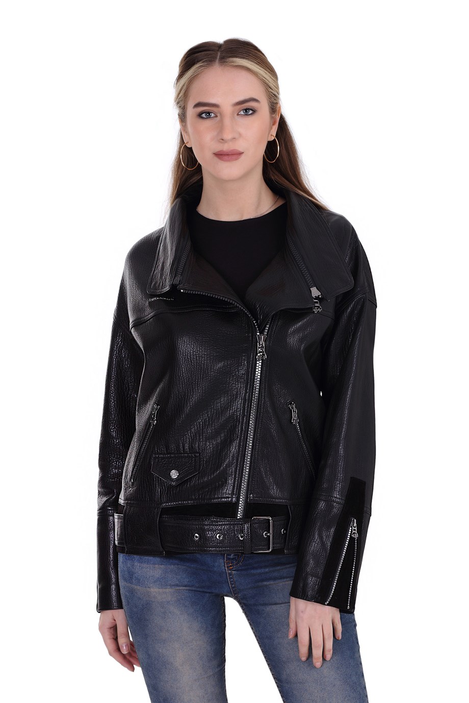 Bayan Gerçek Deri Spor Biker Mont Oversize Süet Siyah bk-1440-19606 FA2