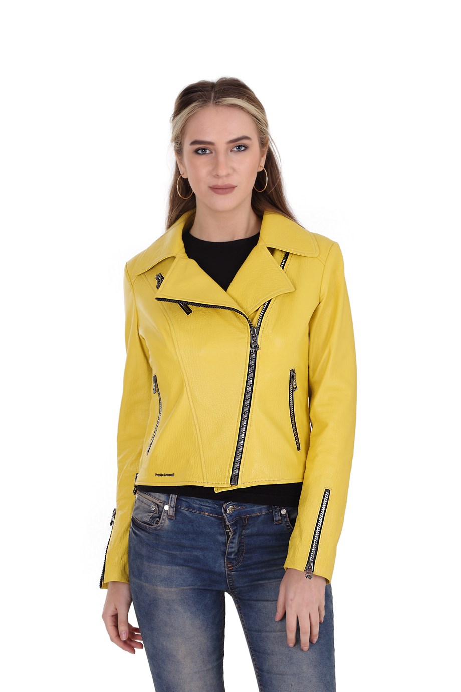 Bayan Gerçek Deri Spor Biker Mont Sarı BK-1149-19551 FA2
