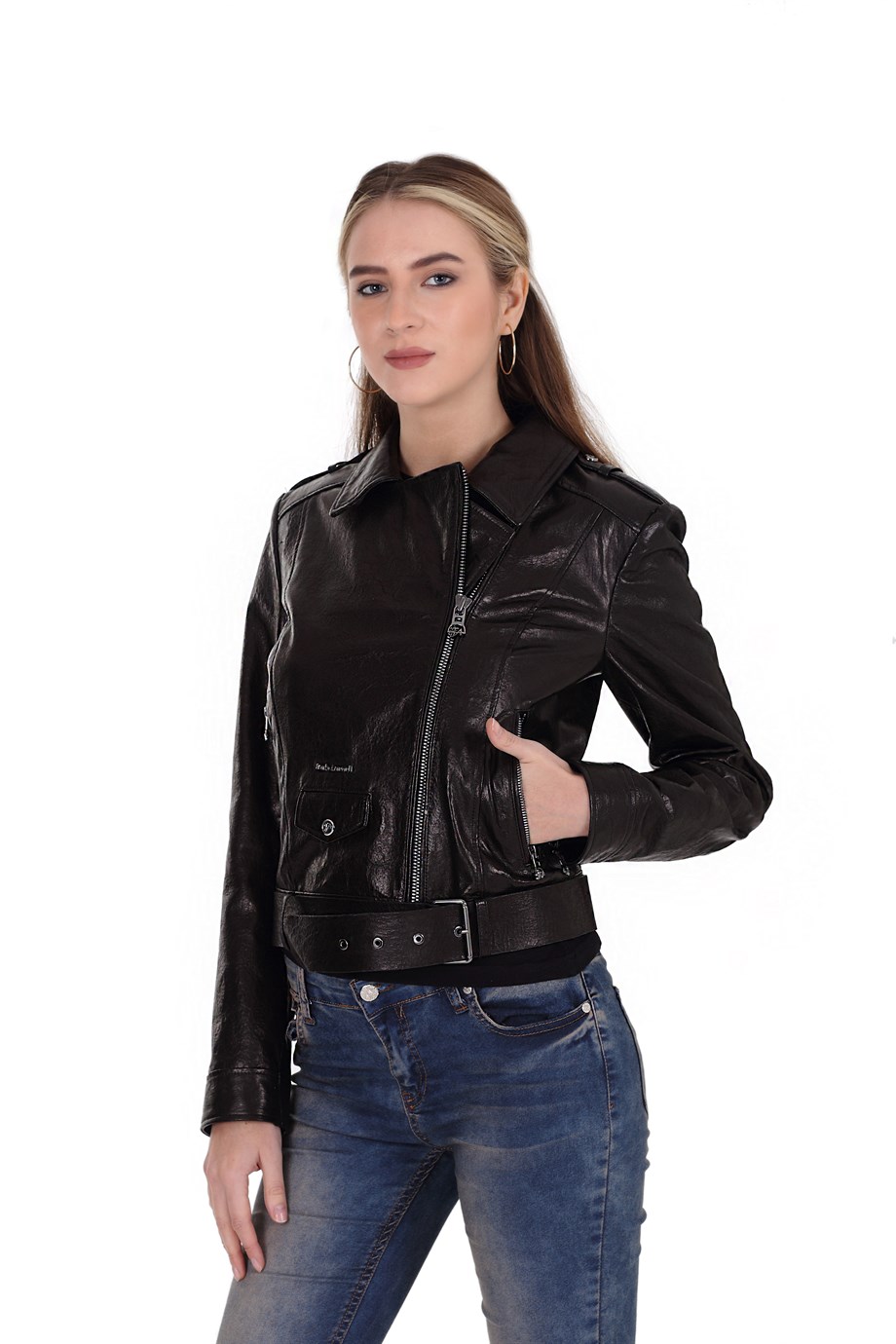 Bayan Gerçek Deri Spor biker Mont Siyah BK-827-19564 FA2