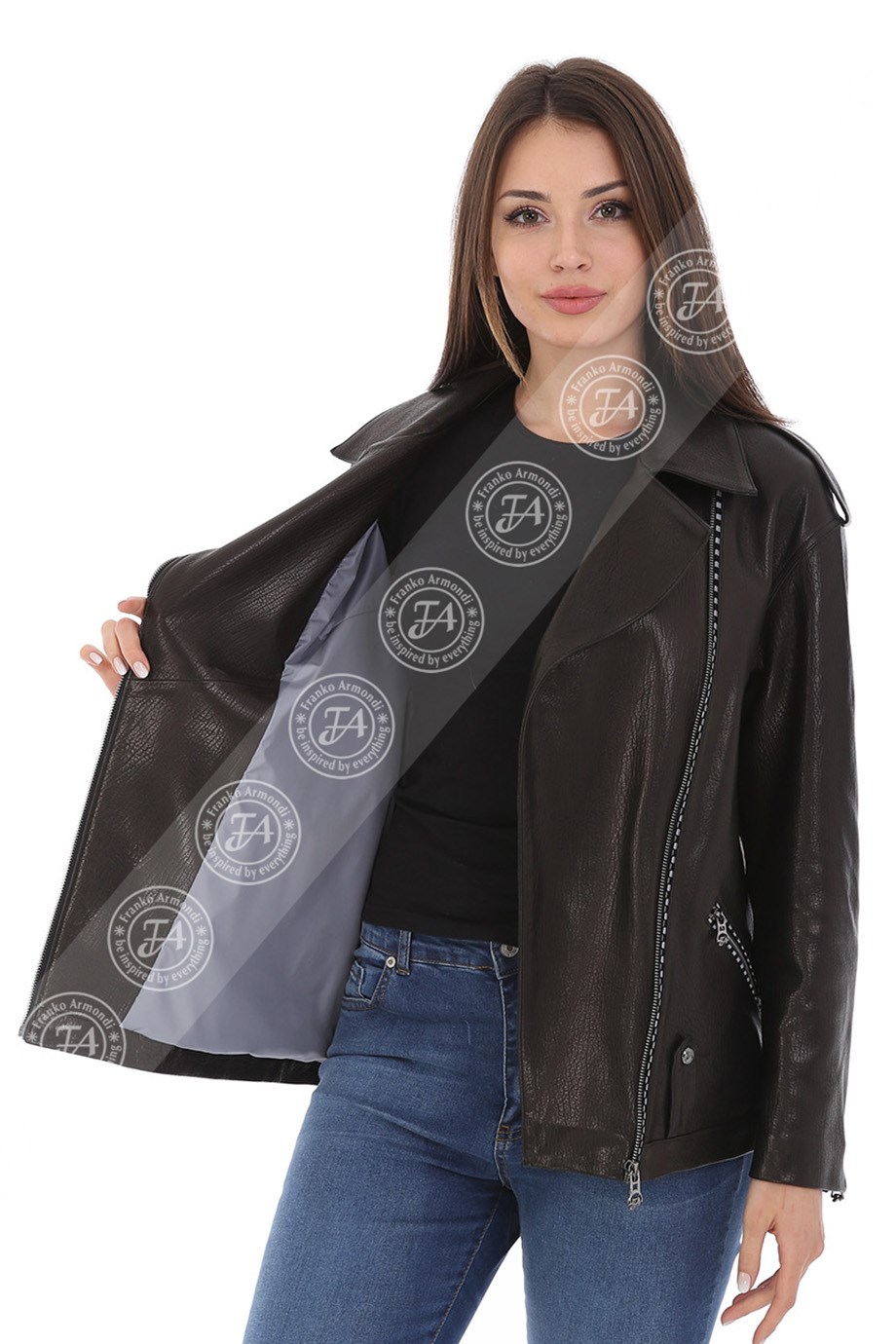 Bayan Gerçek Deri Spor Biker Mont Siyah BK-1563 - 19921 FA3