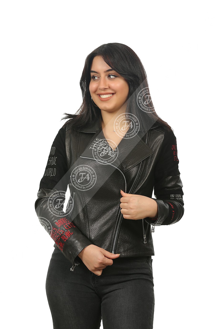 Bayan Gerçek Deri Spor Biker Mont Süet Nakışlı Siyah  MBK-1251-19236 FA2