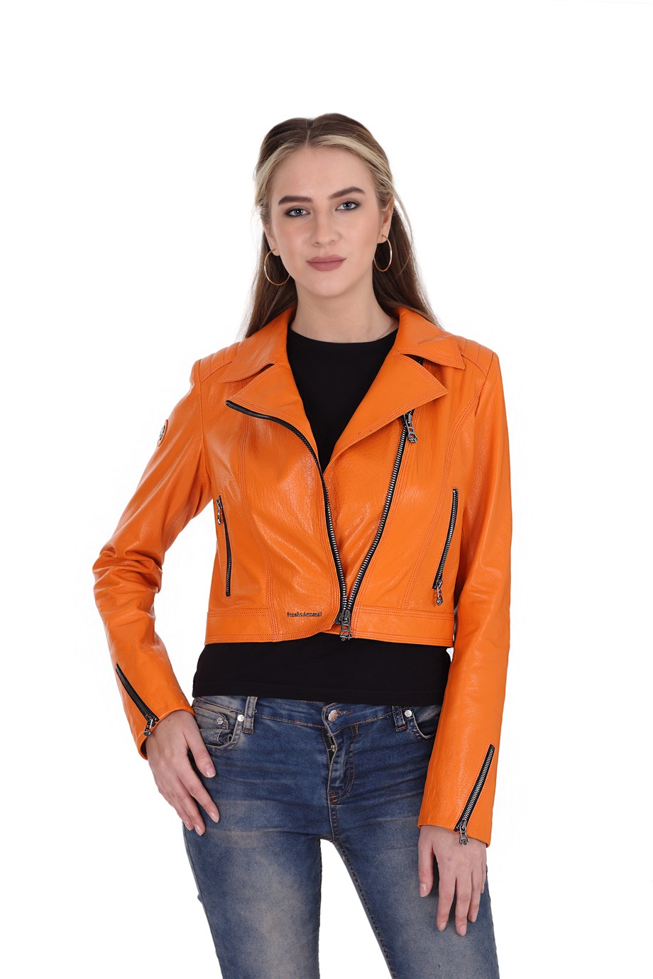 Bayan Gerçek Deri Spor Biker Mont Turuncu MBK-1308-19552 FA2