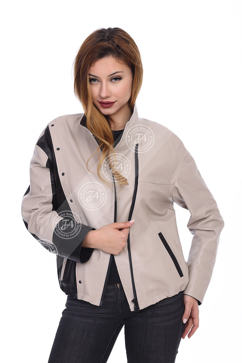 Bayan Gerçek Deri Spor Ceket  Oversize Trok Bej-Siyah BK-1524-19831 FA2