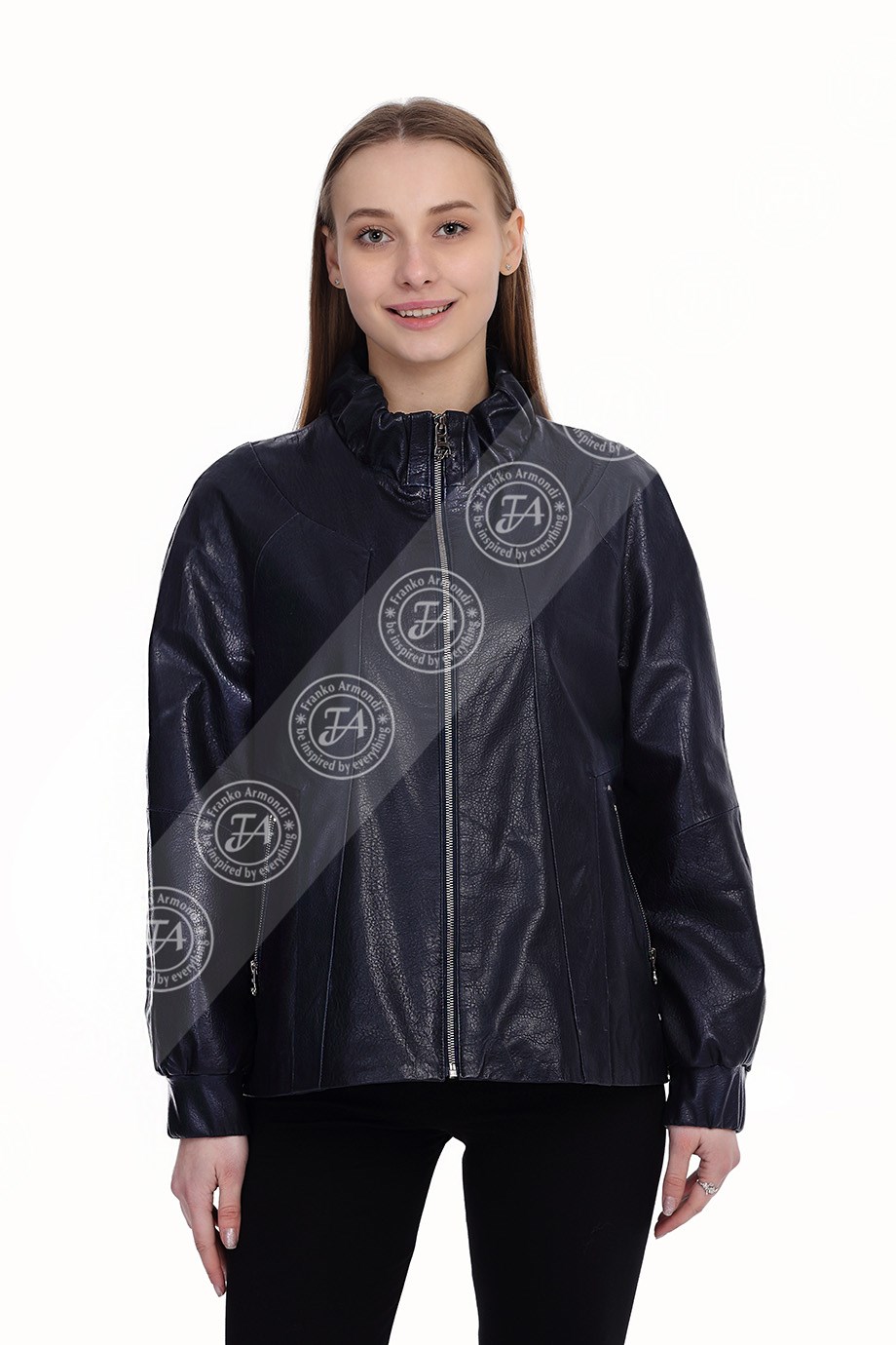 Bayan Gerçek Deri Spor Ceket Oversize Lacivert BK-1457A-19716 FA2