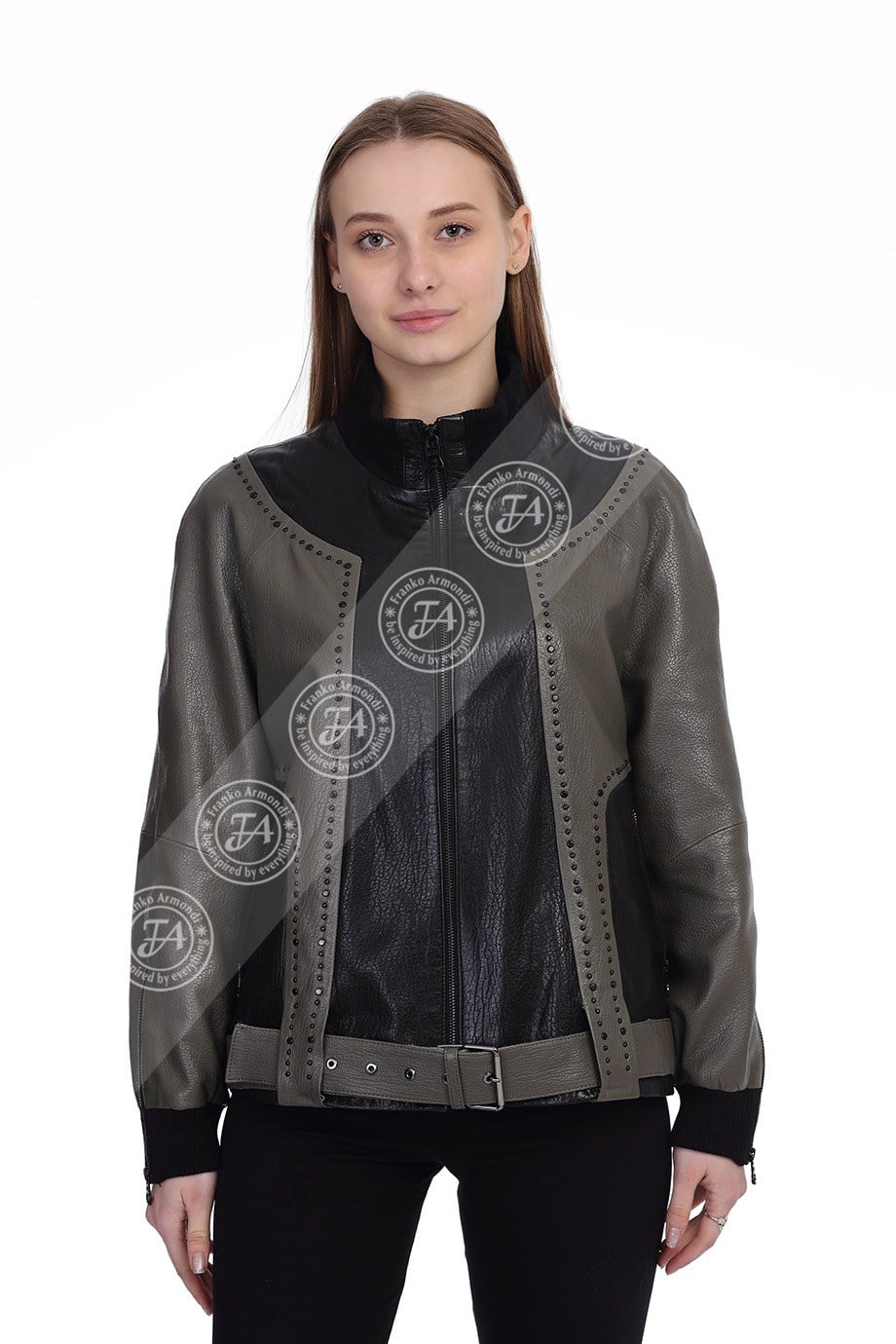 Bayan Gerçek Deri Spor Ceket Oversize Su geçirmez Kumaş Trok Siyah-Yeşil BK-1457A-19707 FA2