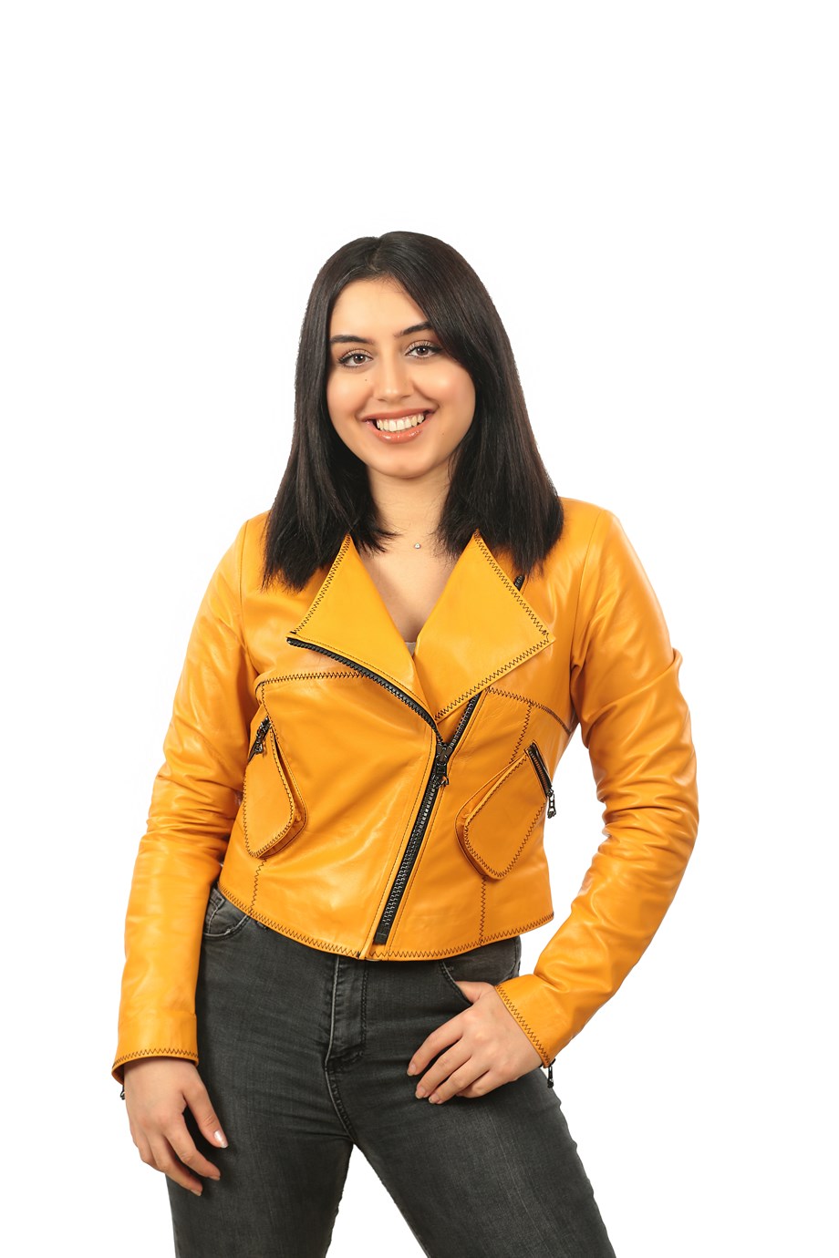 Bayan Gerçek Deri Spor Ceket Sarı BK-1155-19431 FA2