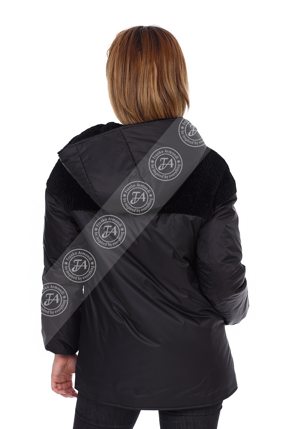 Women's Genuine Leather Sport Coat Hooded Waterproof Fabric astragan Black  BO-1459A-19710 FA2