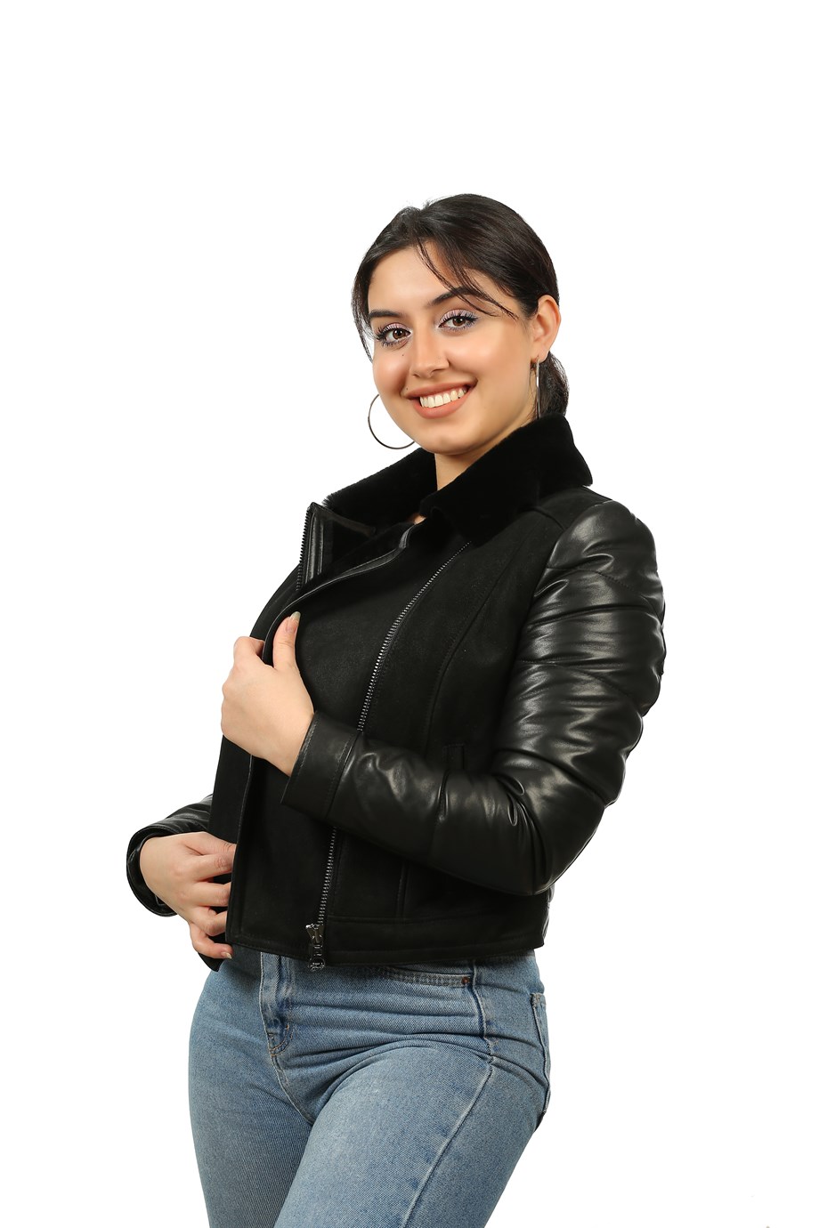 Bayan Gerçek Deri Spor Kışlık Mont   Şişme Siyah BK-827-19496 FA2