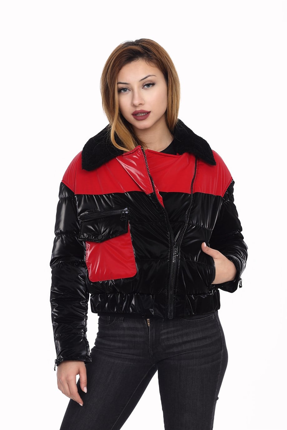 Bayan Gerçek Deri Spor Kışlık Mont  Beli Lastikli Su Geçirmez Kumaş  Kırmızı-Siyah BK-1427 A-19811 FA2
