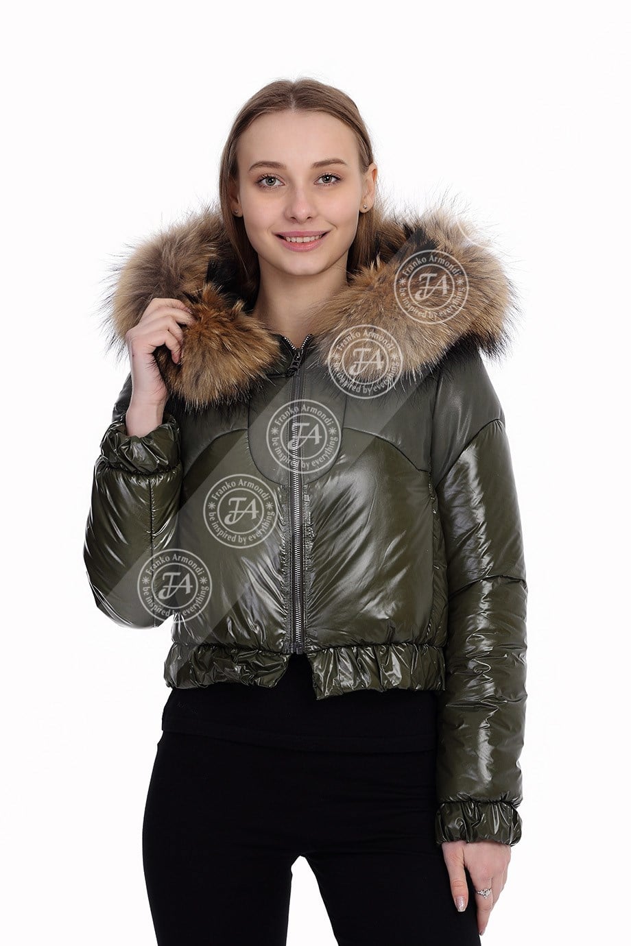 Bayan Gerçek Deri Spor Mont  Kapşonlu Beli Lastikli Su Geçirmez  Kumaş Tilki Haki EBK-1472-19731 FA2