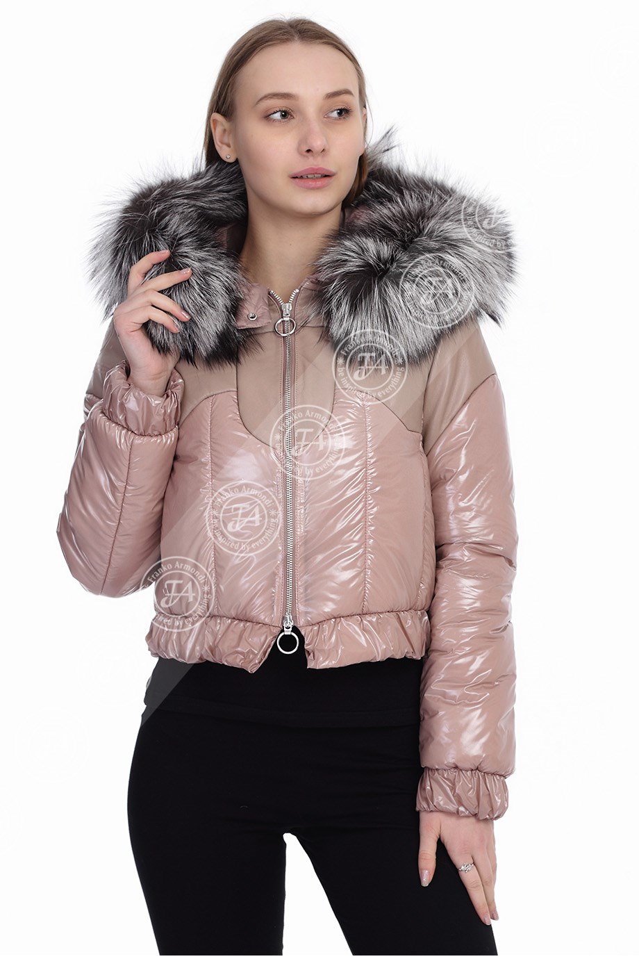 Bayan Gerçek Deri Spor Mont  Kapşonlu Beli Lastiklisu Geçirmez  Kumaş Tilki Pembe EBK-1472-19732 FA2