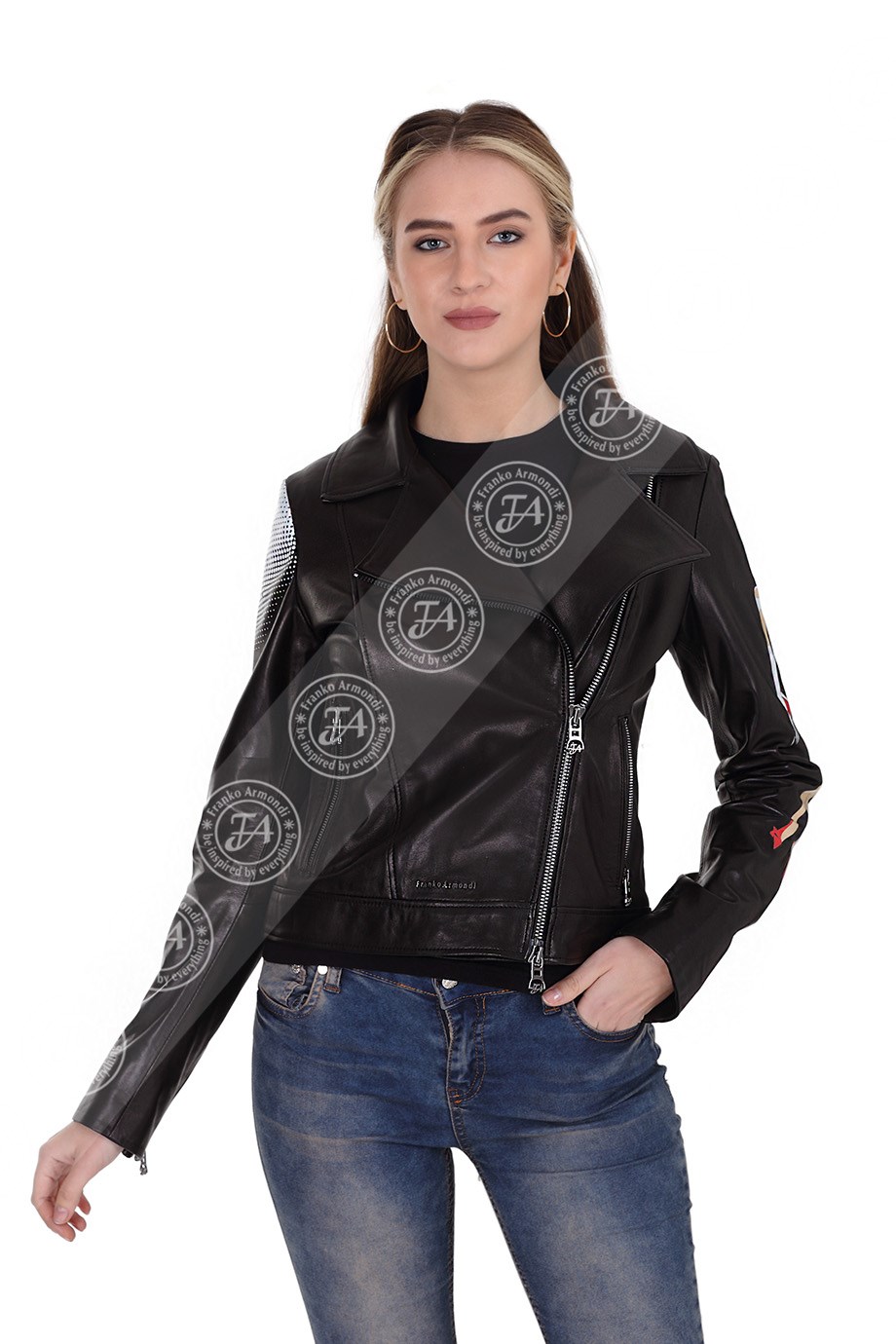 Bayan Gerçek Deri Spor Mont  Resim Baskı siyah BK-1396-19560 FA2
