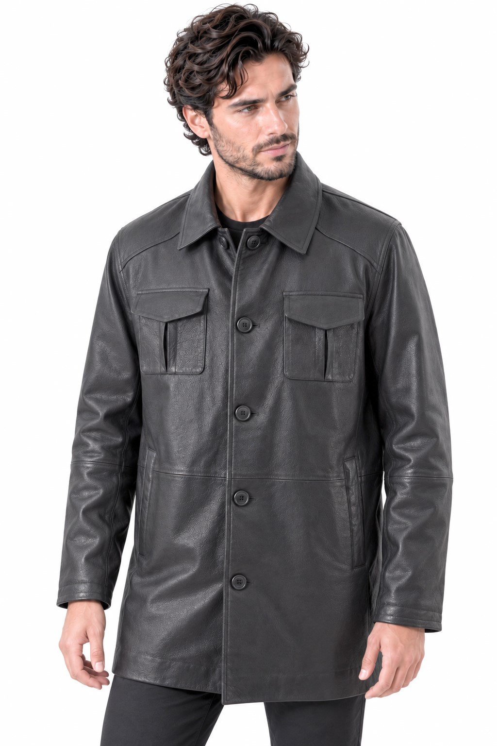 Erkek Deri Ceket- Code:24351  Siyah deri ceket, Düğmeli model.