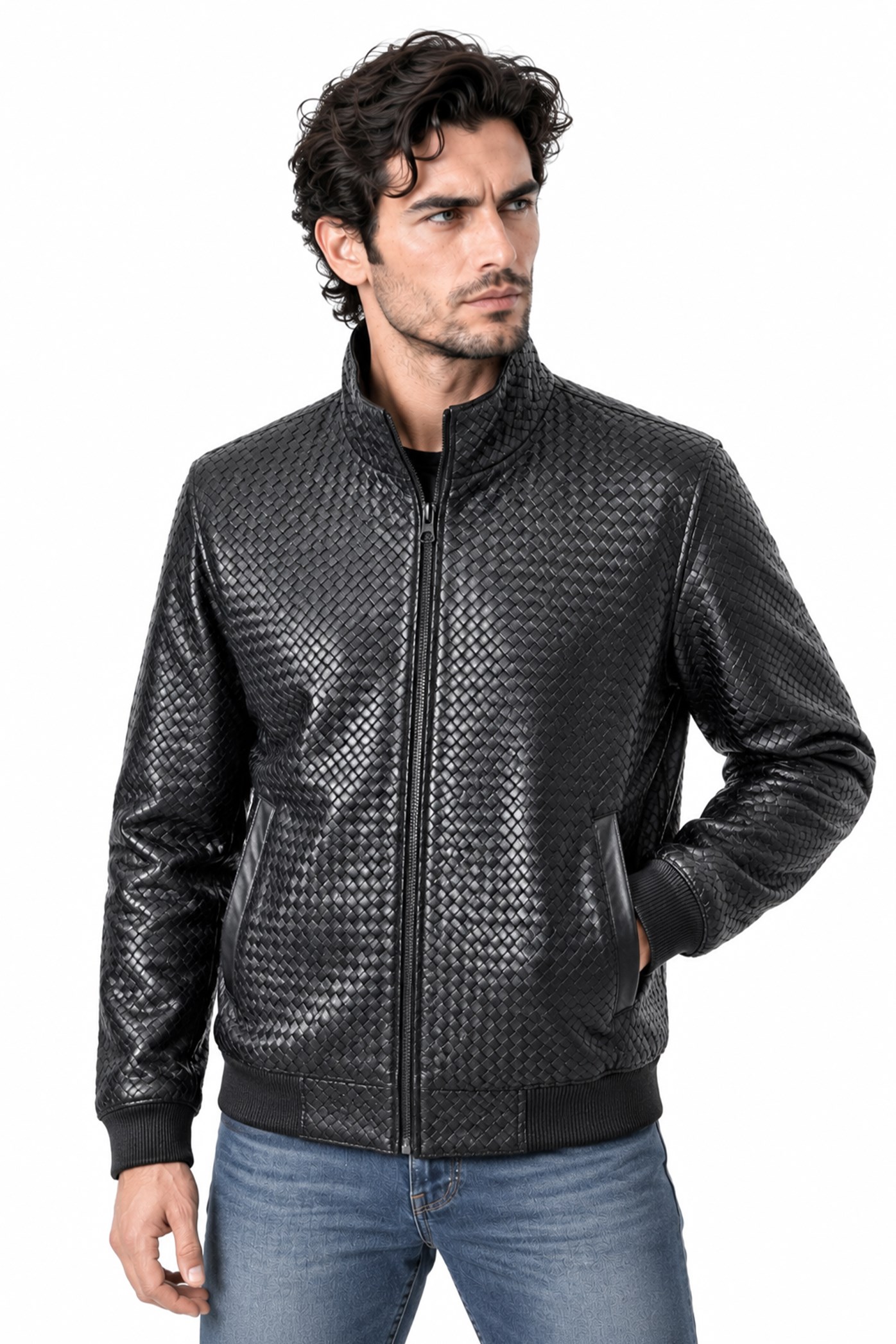 Erkek Deri Mont / Code: 24362 - İp desenli siyah erkek deri mont