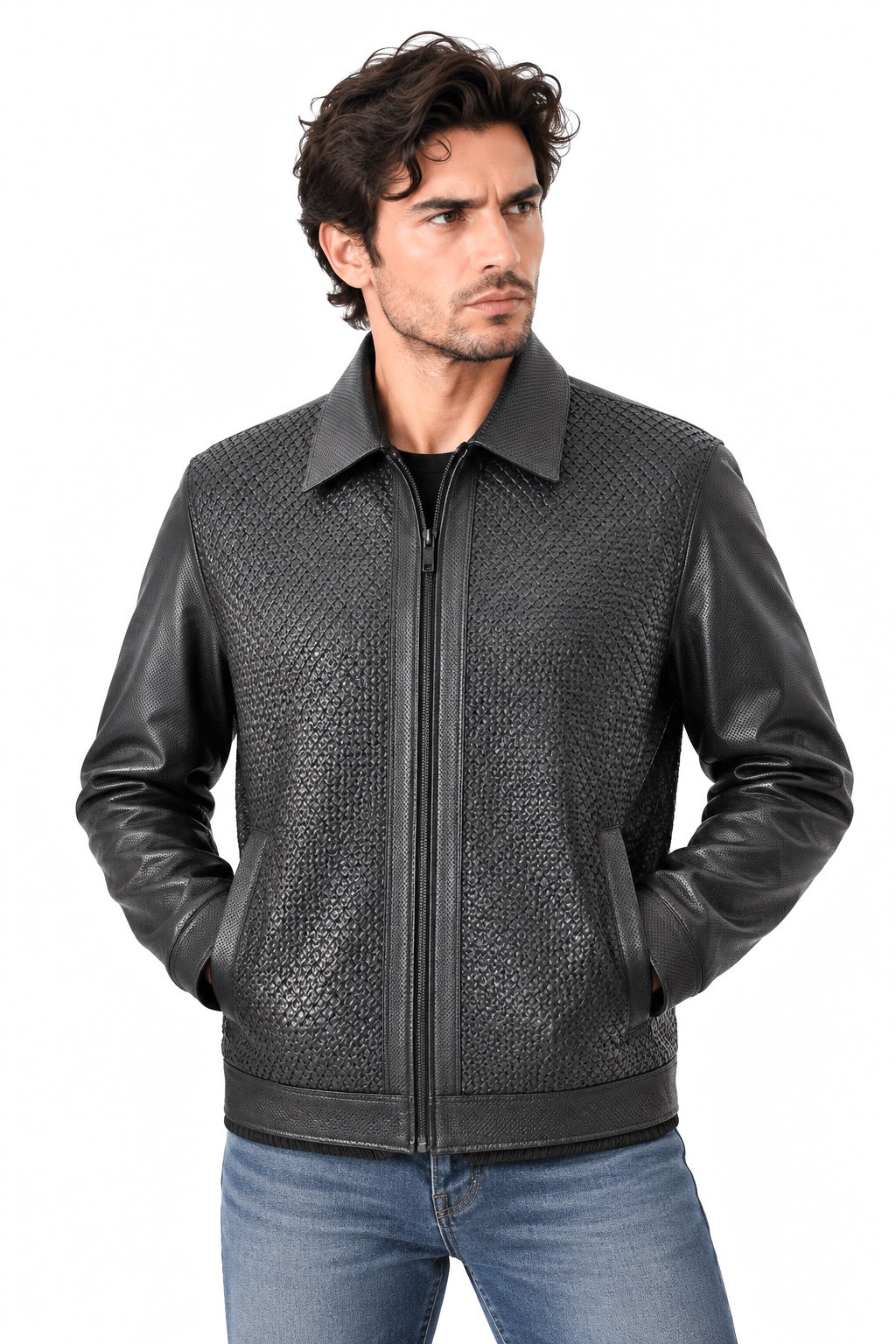 Erkek Deri Mont : Code: 24363 - Önü desenli, siyah erkek spor mont