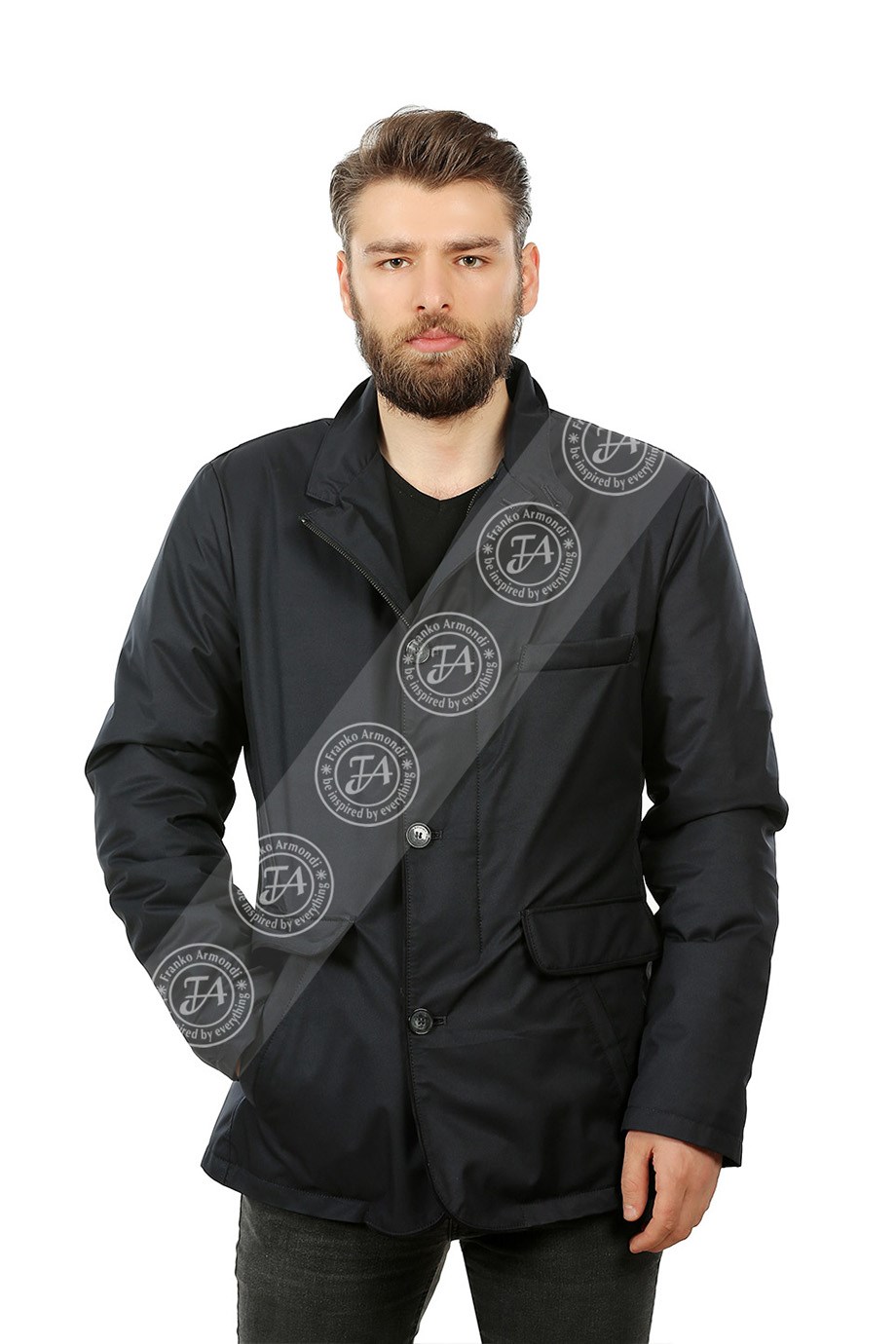 Erkek Gerçek Deri  İçi Kürk Su Geçirmez Kumaş Kaban Lacivert BLZ-1386-19465
