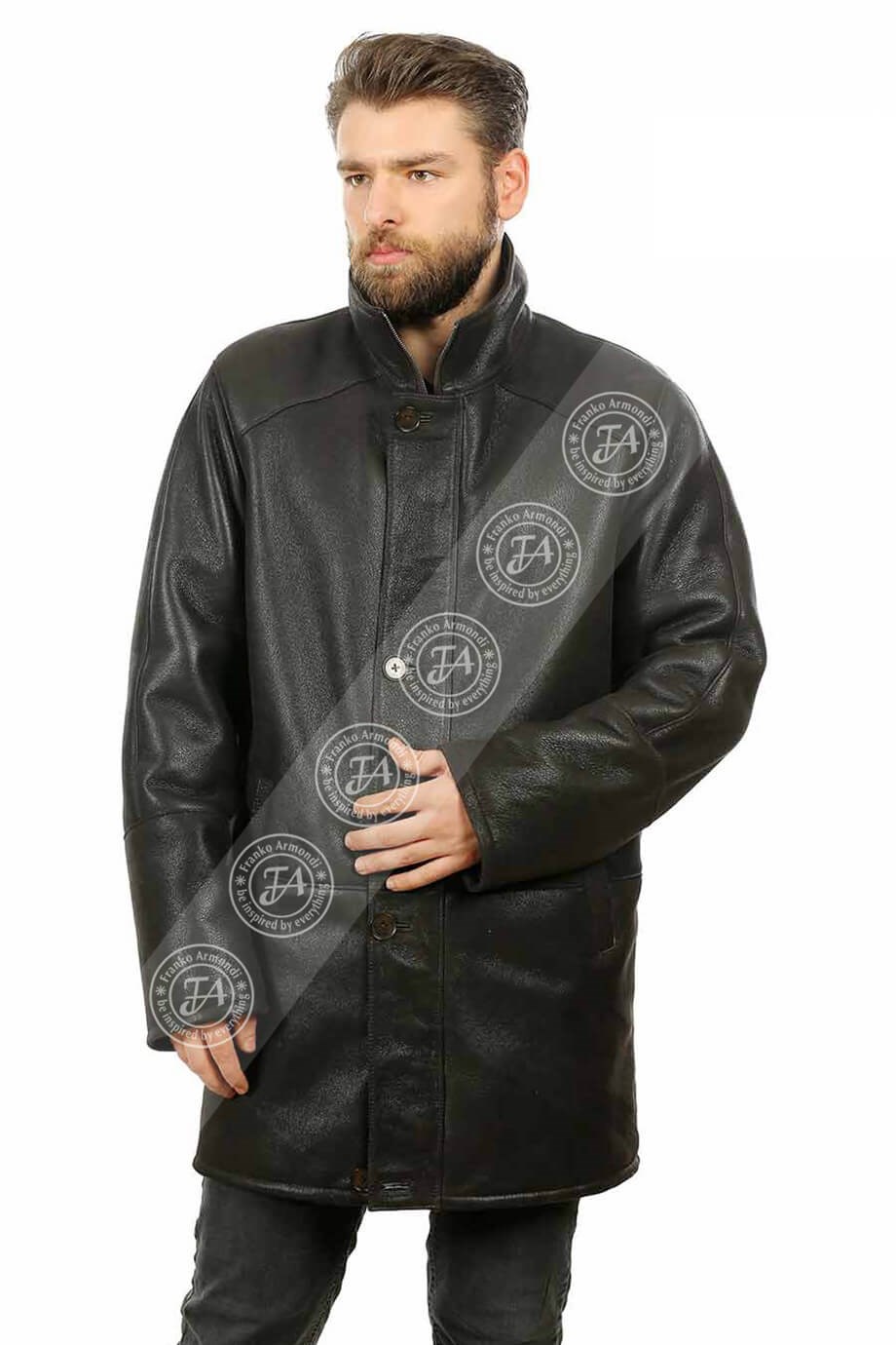 Men's Genuine Leather Shearling Winter Zippered Classic Coat CK-1093-19472