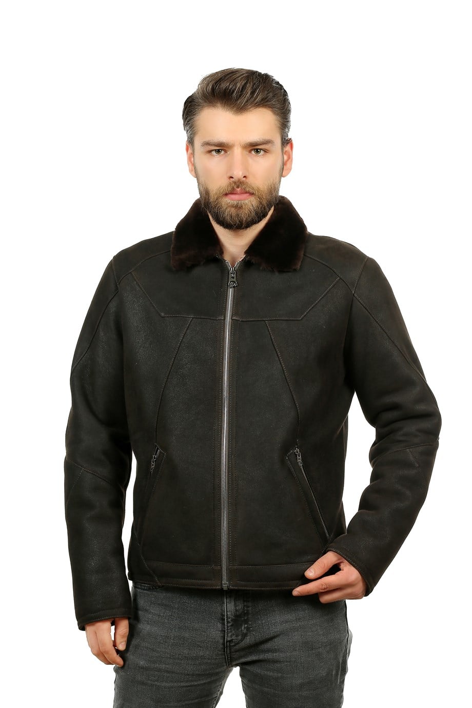 Erkek Gerçek Deri  Kışlık Spor Mont Fermuarlı Kahve K-1006-18903 FA1