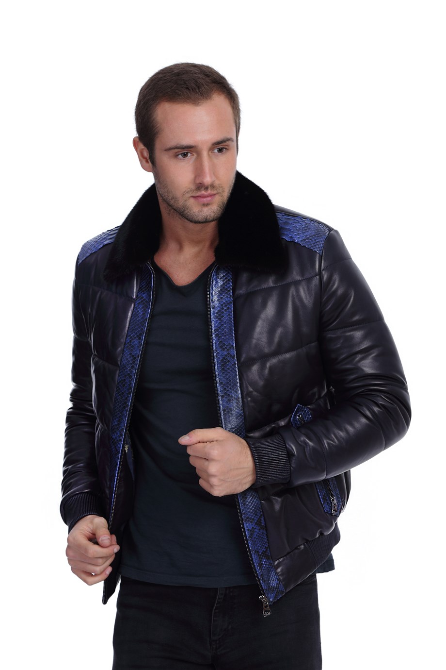 Erkek Gerçek Deri  Spor Luxury Mont Beli Lastikli Şişme   lacivert KLJ-1454-19670 FA2