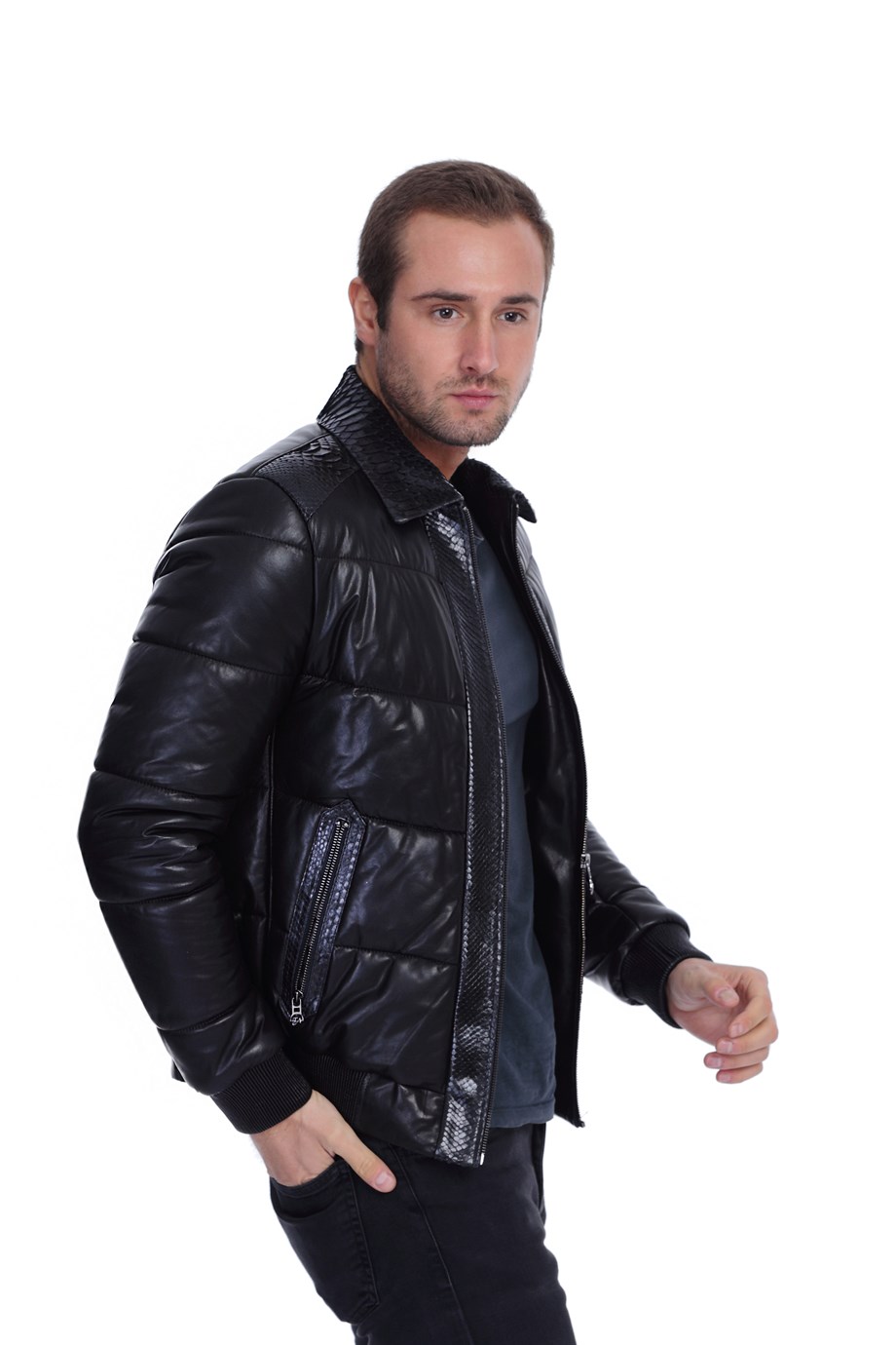 Erkek Gerçek Deri  Spor Luxury Mont Beli Lastikli Şişme  Siyah KLJ-1454-19681 FA2
