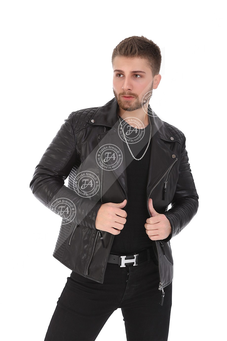 Erkek Gerçek Deri Biker Mont FA3 KAP-1001- 19983 Siyah FA3