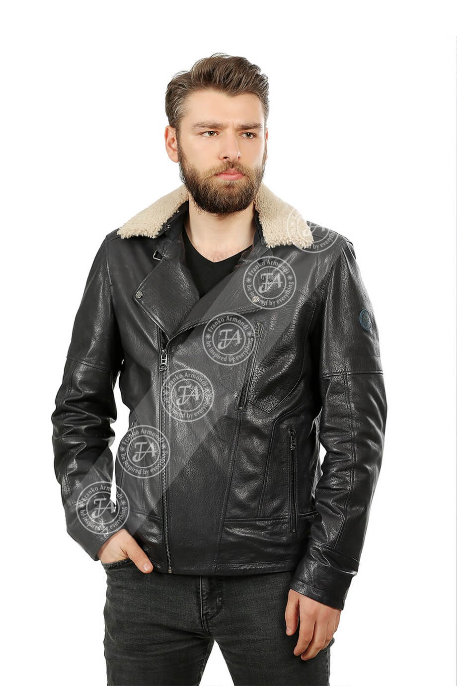 Erkek Gerçek Deri Biker Spor Mont  Yaka Siyah K-1378-19452 FA1