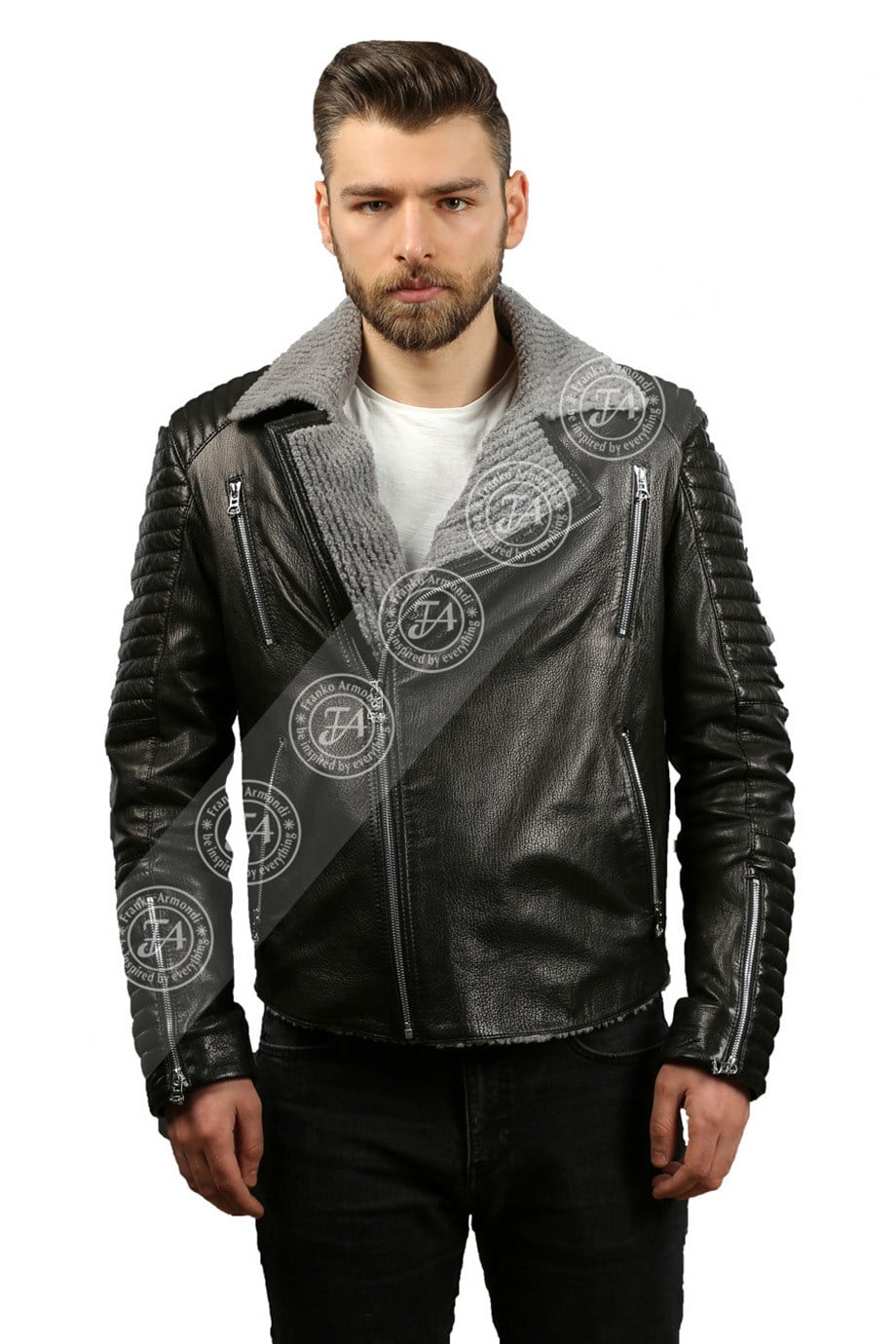 Erkek Gerçek Deri Kışlık Spor Biker Mont Siyah İçlik Gri Astragan k-981-18713 FA2