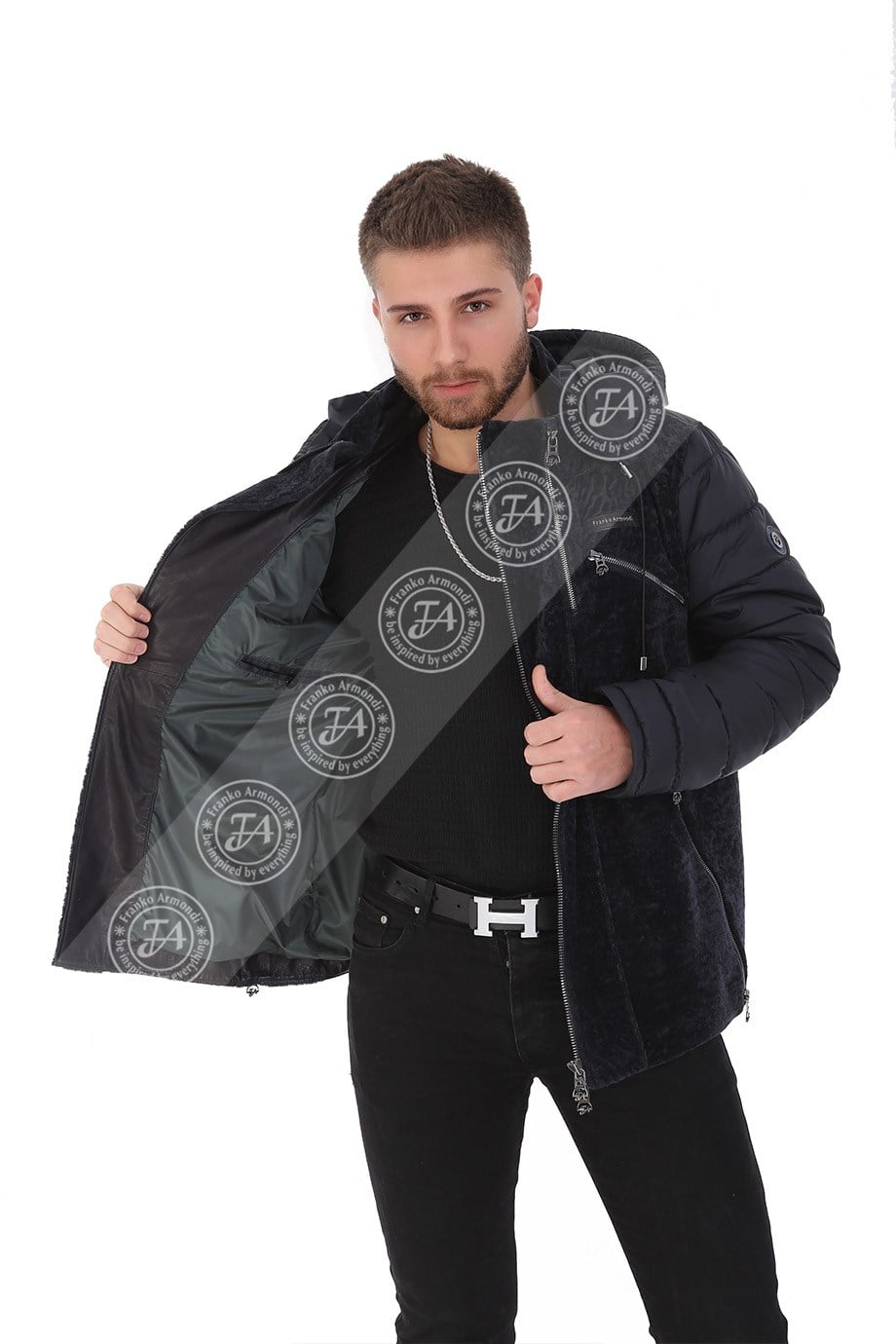 Erkek Gerçek Deri Kışlık Spor Luxury Kapşonlu Mont FA3 K-1588 - 20047 Lacivert FA3