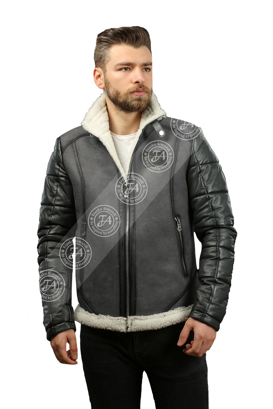 Erkek Gerçek Deri Kışlık Spor Mont    Kürk Şişme Gri  k-1200-19095 FA2