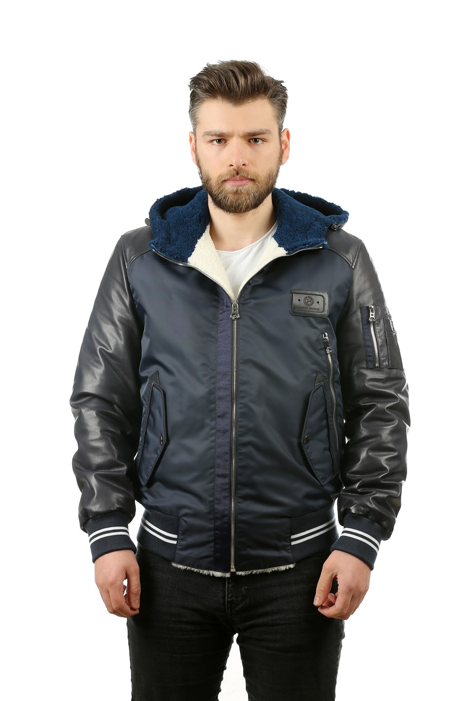 Erkek Gerçek Deri Kışlık Spor Mont  Beli Lastikli Kapşonlu Lacivert k-1201-19111 FA2