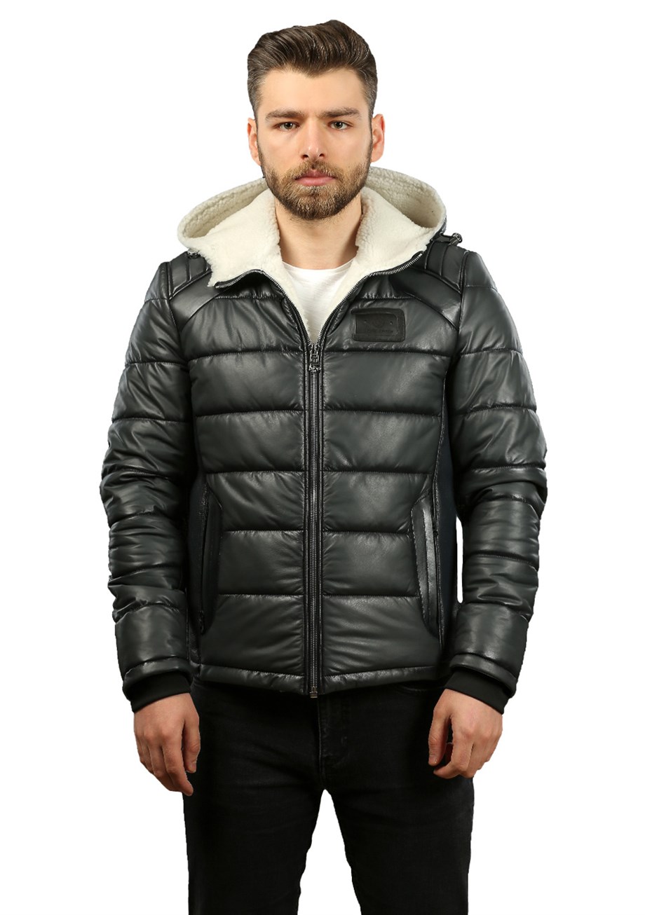 Erkek Gerçek Deri Kışlık Spor Mont  Kapşonlu  Şişme Gri  k-1199-19082 FA2