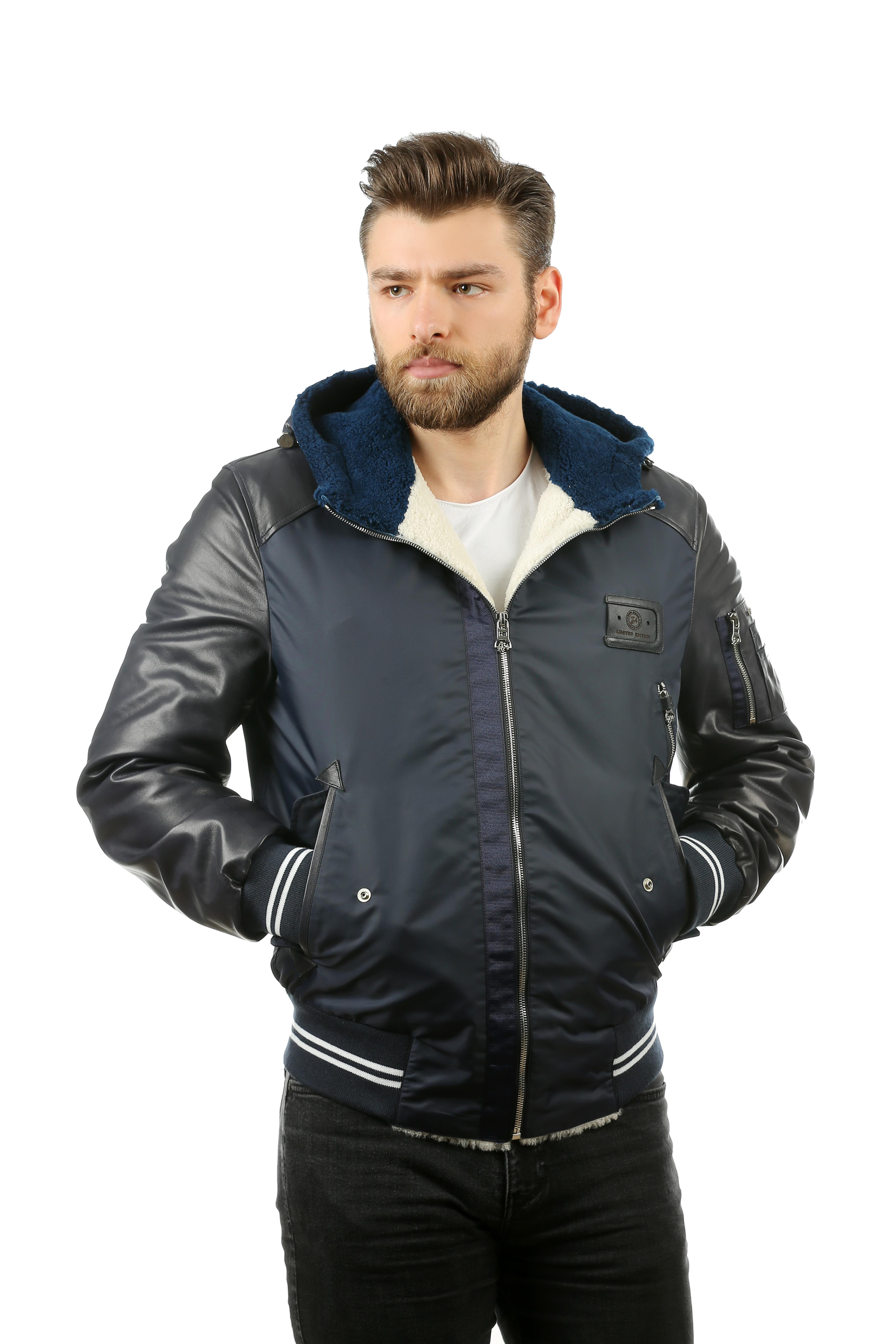 Erkek Gerçek Deri Kışlık Spor Mont  Beli Lastikli Kapşonlu Lacivert k-1201-19111 FA1