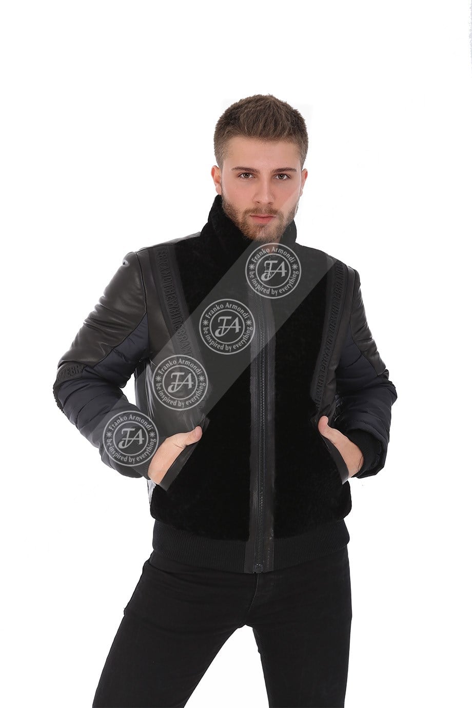 Erkek Gerçek Deri Kışlık Yazılı Spor Luxury Ceket FA3 K-1538 - 20050 Siyah FA3