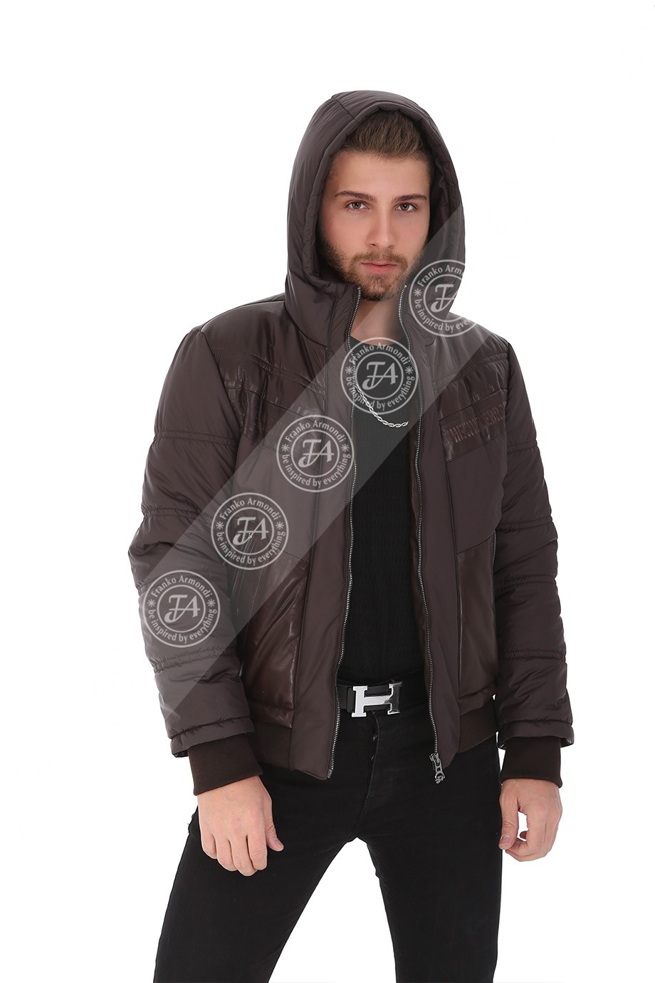 Erkek Gerçek Deri Kışlık Yazılı Spor Luxury Kapşonlu Kaban FA3 K-1539 - 20046 Kahverengi  FA3