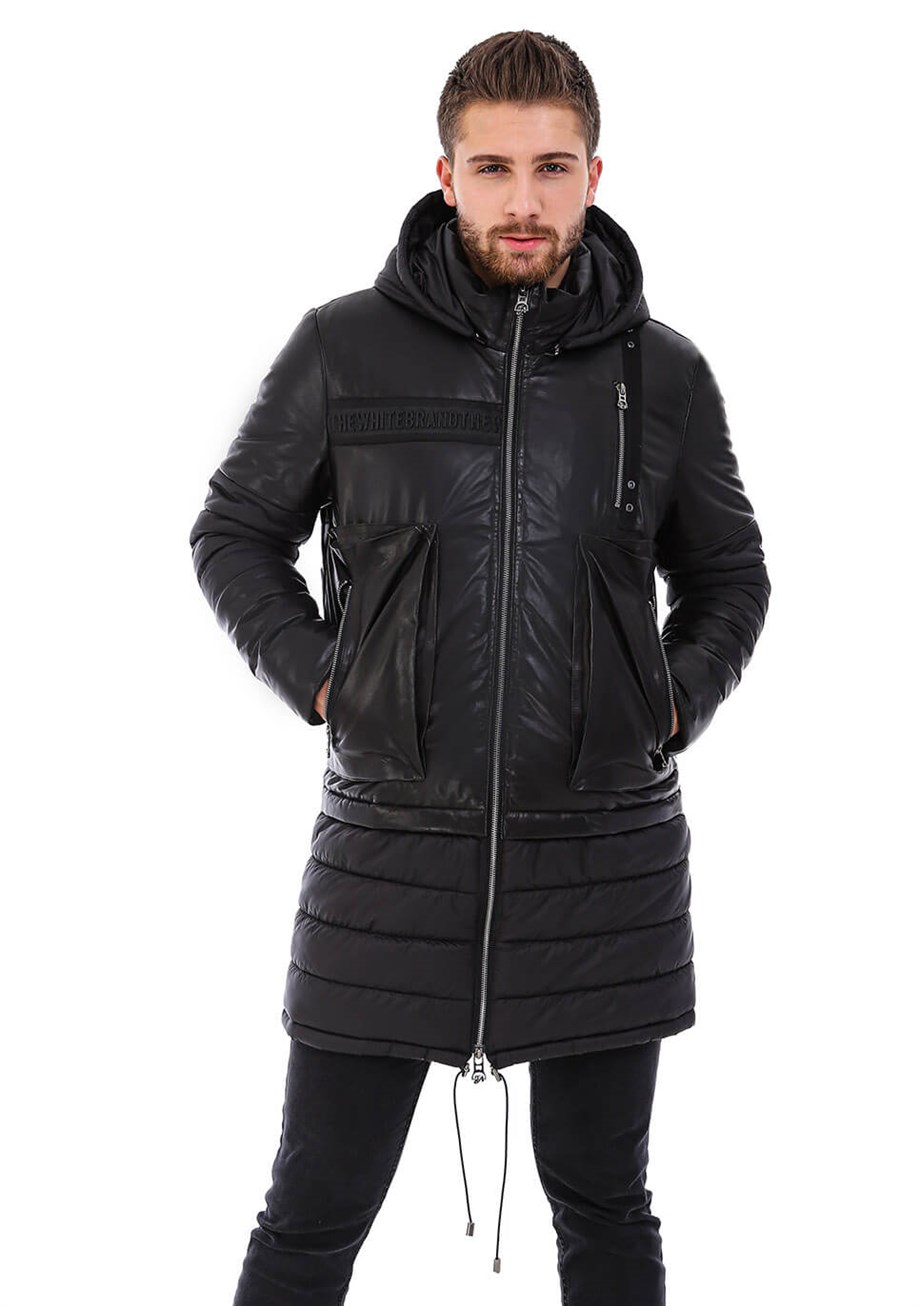 Erkek Gerçek Deri Kışlık Yazılı Spor Luxury Kapşonlu Kaban FA3 K-1535 - 20048 Siyah  FA3