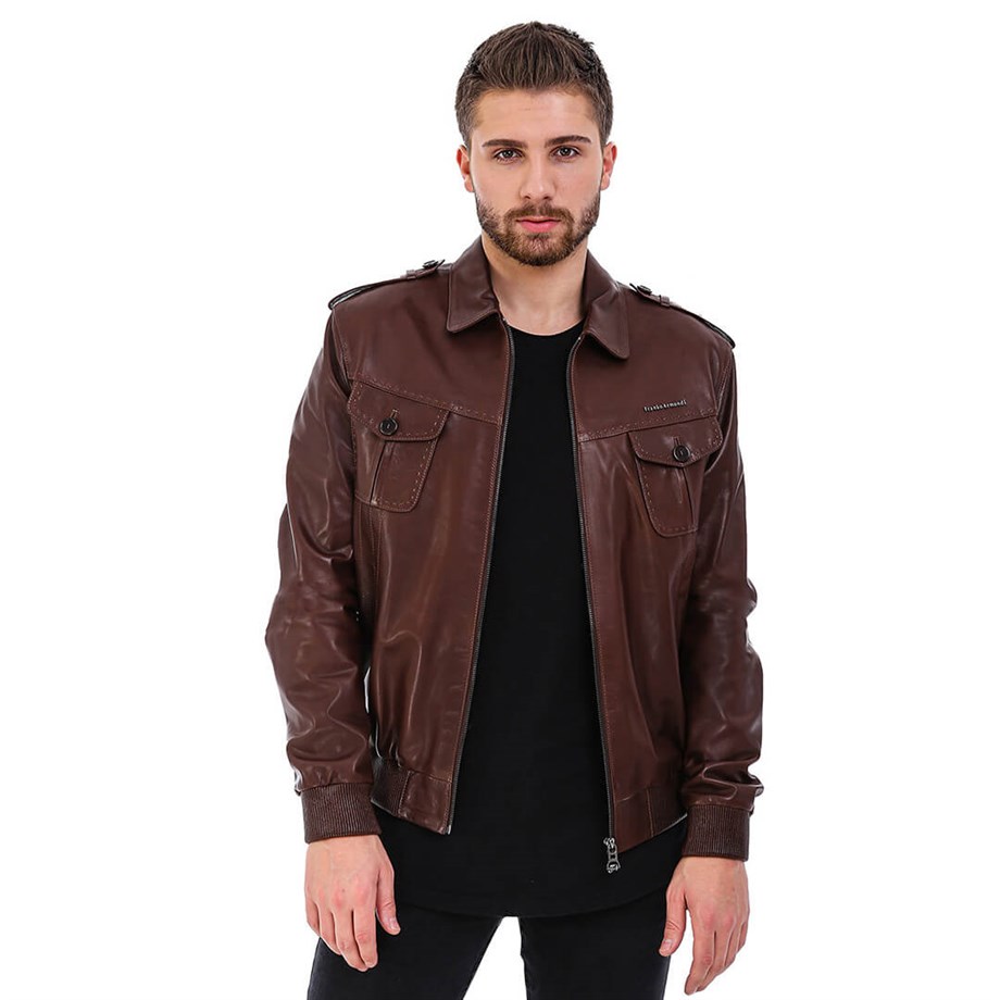 Erkek Gerçek Deri Klasik Beli Lastikli Ceket Fındık ER-330-18685 FA5
