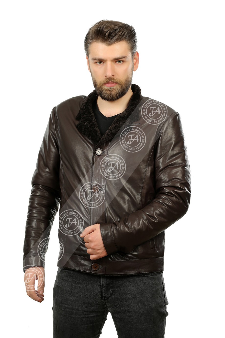 Erkek Gerçek Deri Klasik Kışlık Mont Astragan İç Kahve K-1330-19489