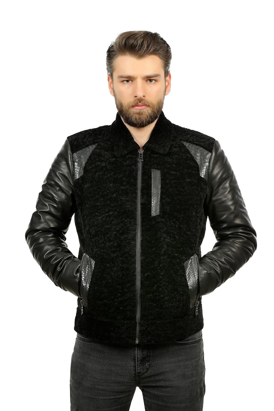 Erkek Gerçek Deri Klasik Luxury Kışlık Mont Siyah YK-1384-19493 FA1