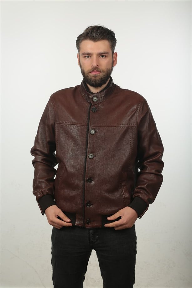 Erkek Gerçek Deri Klasik Mont Beli Lastikli Düğmeli Fındık Kahve KLJ-915-18151 FA1