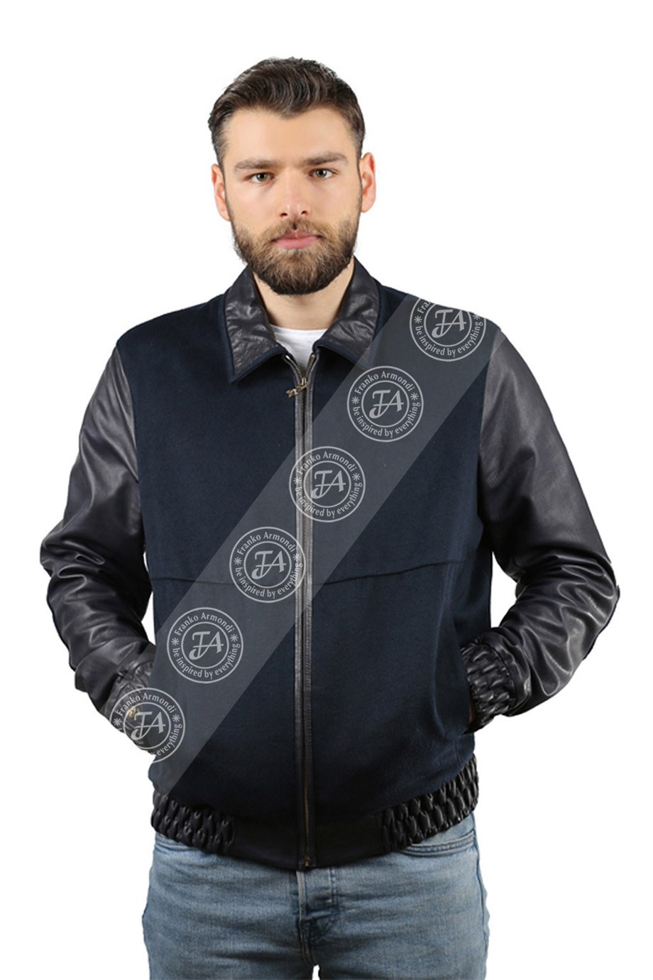 Erkek Gerçek Deri Klasik Mont Beli Lastikli Kaşmir Lacivert K-954-18389