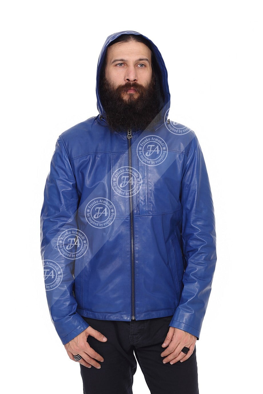 Erkek Gerçek Deri Klasik Mont Kapşonlu Saks Mavi K-500-18102 FA2