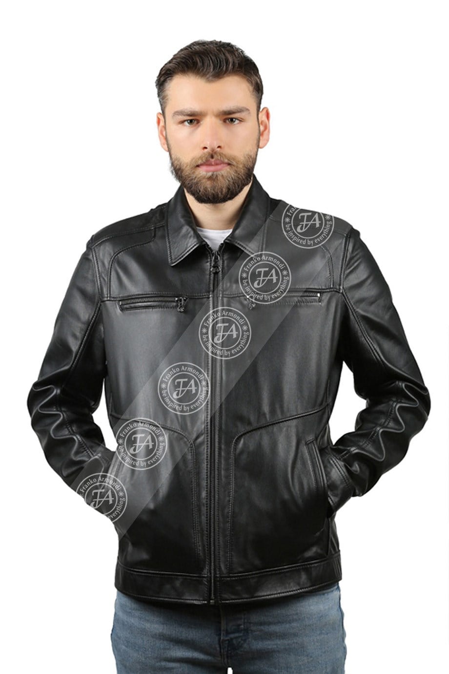 Men's Genuine Leather Sports Jacket Elastic Waist Camouflage Fabric Black K-962-18220