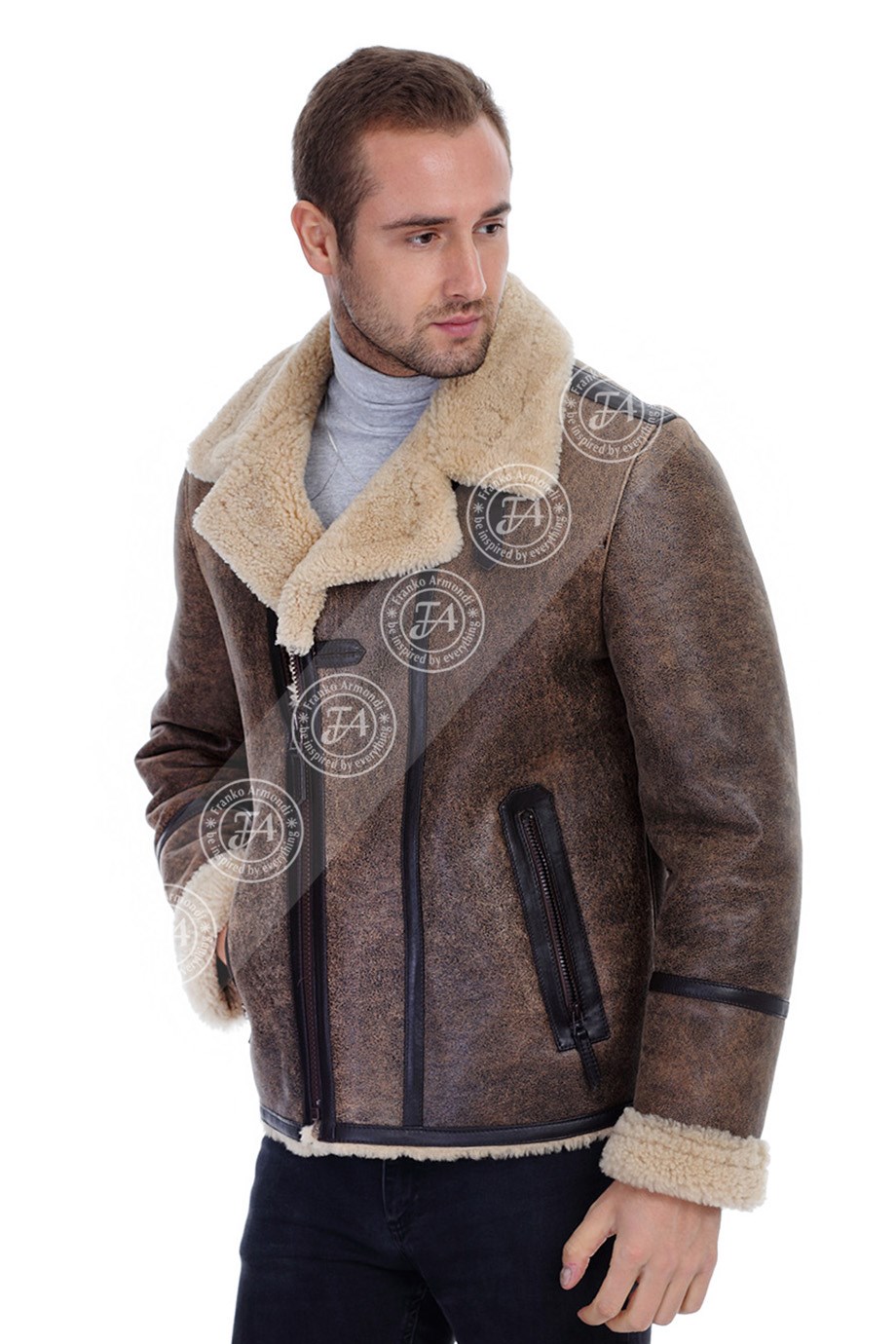 Men's Real Leather Fur Winter Sport Coat Pilot Chickpeas CK-PLT-19273 FA1
