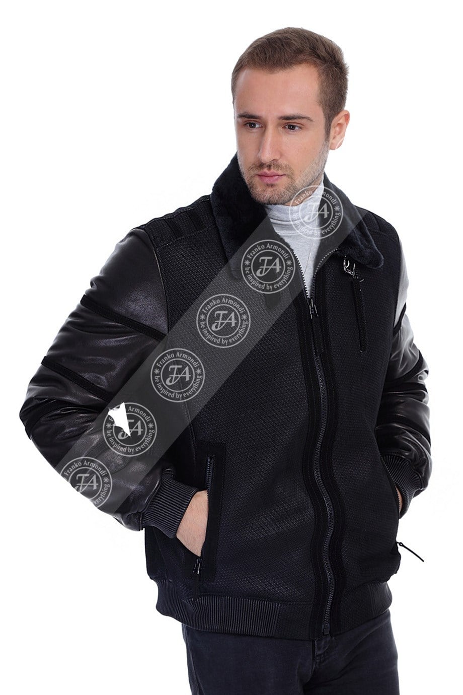 Erkek Gerçek Deri Kürk Kışlık Spor Mont Beli Lastikli Oversize Siyah CK-585-19015