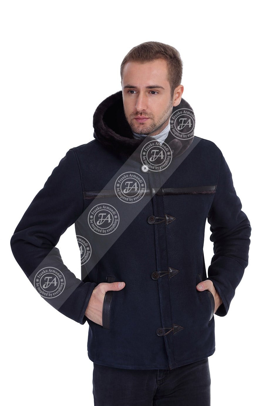 Erkek Gerçek Deri Kürk Kışlık Spor Mont Kapşonlu Lacivert CK-1140-19469