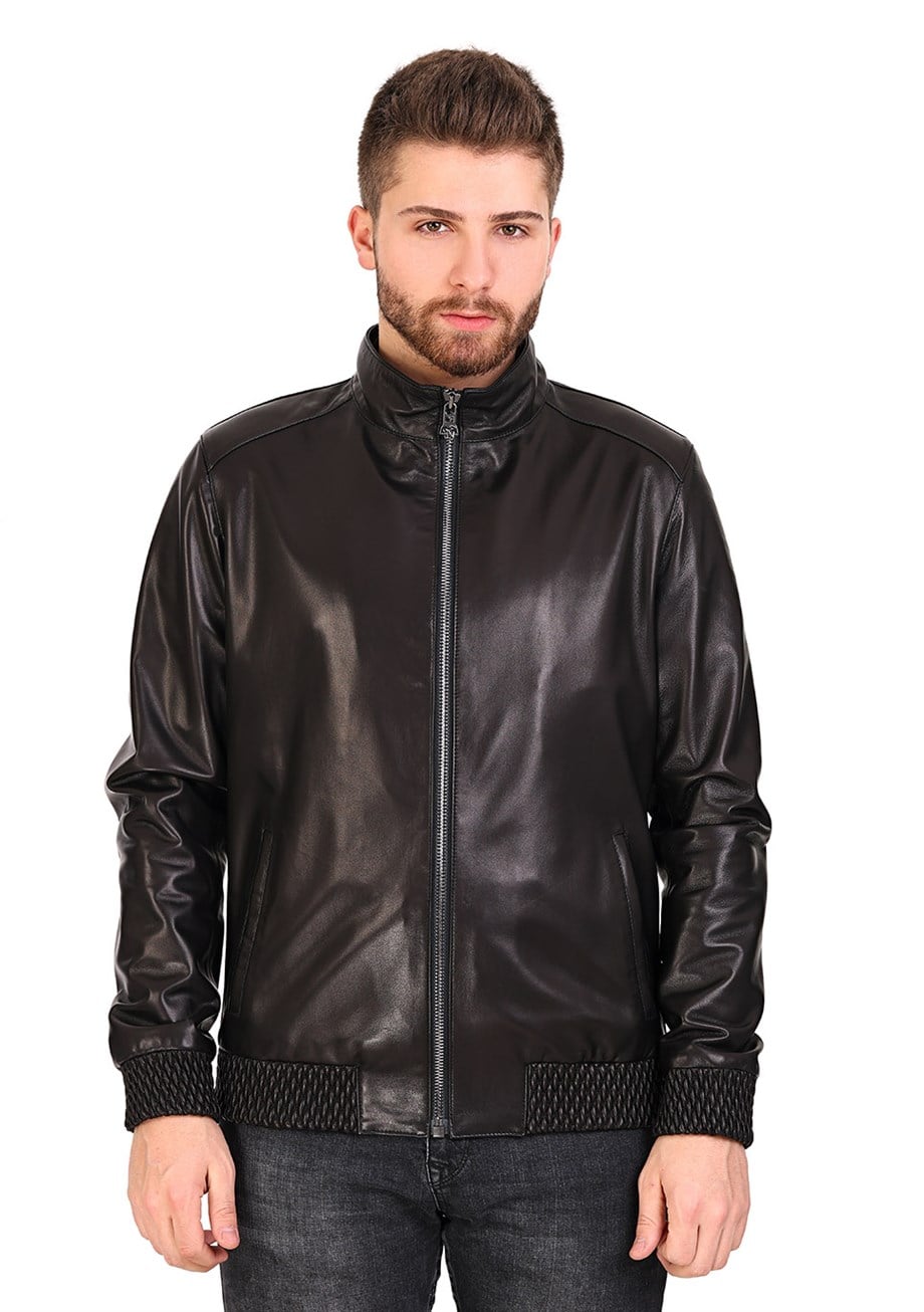 Erkek Gerçek Deri Spor Beli Lastikli Mont Siyah KLJ-986 - 19965 FA4