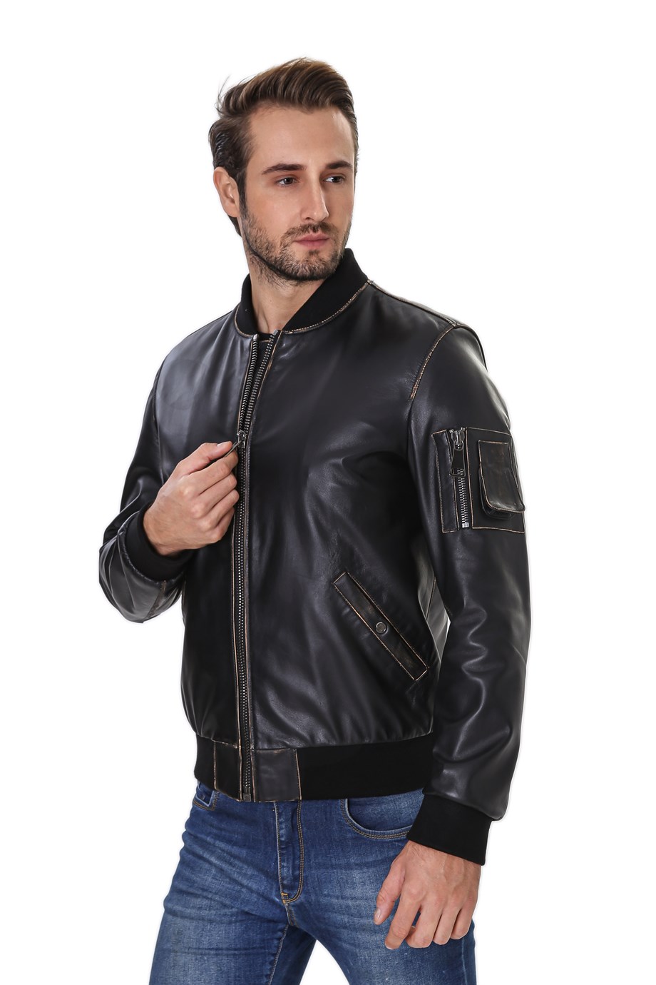 Erkek Gerçek Deri Spor Beli Lastikli Vintage Mont Siyah K-1561-19929 FA4 
